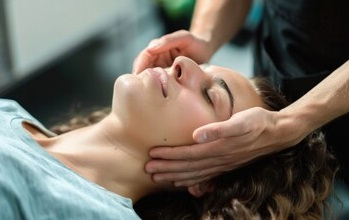 massage therapist performing cranio-sacral therapy to a woman's head