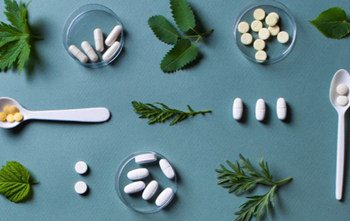 various types of herbal leaves and pills used in herbal medicine