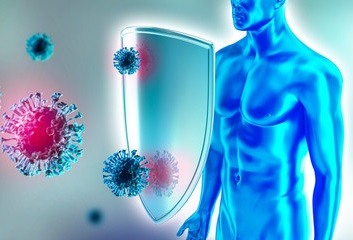 aminated patient holding a sheild