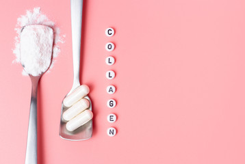 spoons holding collagen powder and pills