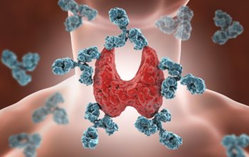 animated image of a thyroid, with antibodies floating around it.
