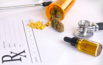 prescription pad with stethascope, dropper bottle, and cannabis bud.