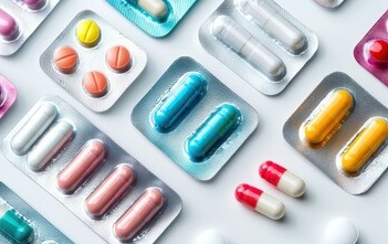 Prepackaged medications with brightly colored capsules