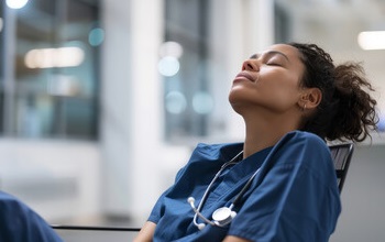 Nurse in a chair, leaning her head back, appears exhausted.
