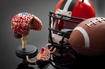 football, helmet and a brain on a table. 