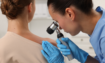 Doctor looking at possible skin cancer lesions.