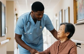 LTC nurse with elderly resident in wheelchair