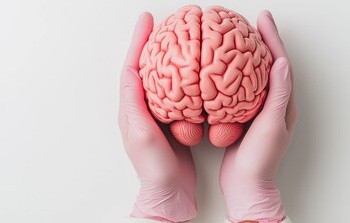 Latex-gloved hands holding an anatomical brain