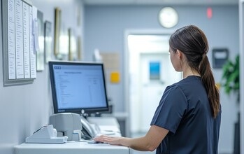 Female nurse standing at computer passing meds
