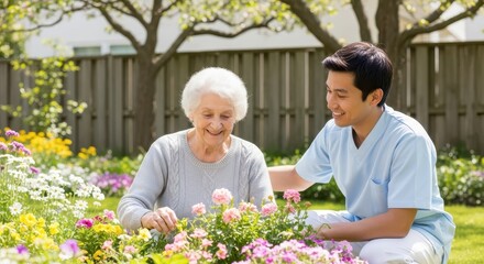 Healthcare employee with patient in garden