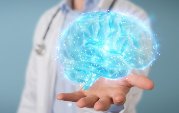 Medical person with outreached arm with a bright blue sparkling brain image  in hand.