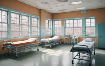 Empty patient beds in a correctional facility room.