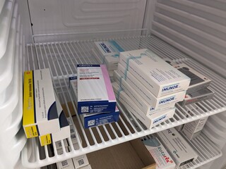 Boxes of Intravenous immunoglobulin in a med fridg