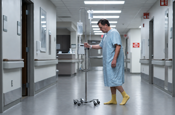 Male patient walking with IV pole with primary and secondary IV drips